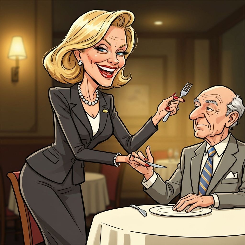 Susan at lunch meeting touching elderly male client's arm