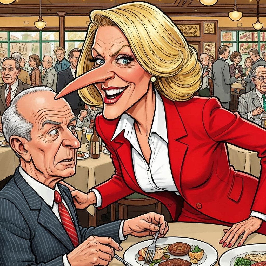 Susan at business lunch leaning close to elderly male client