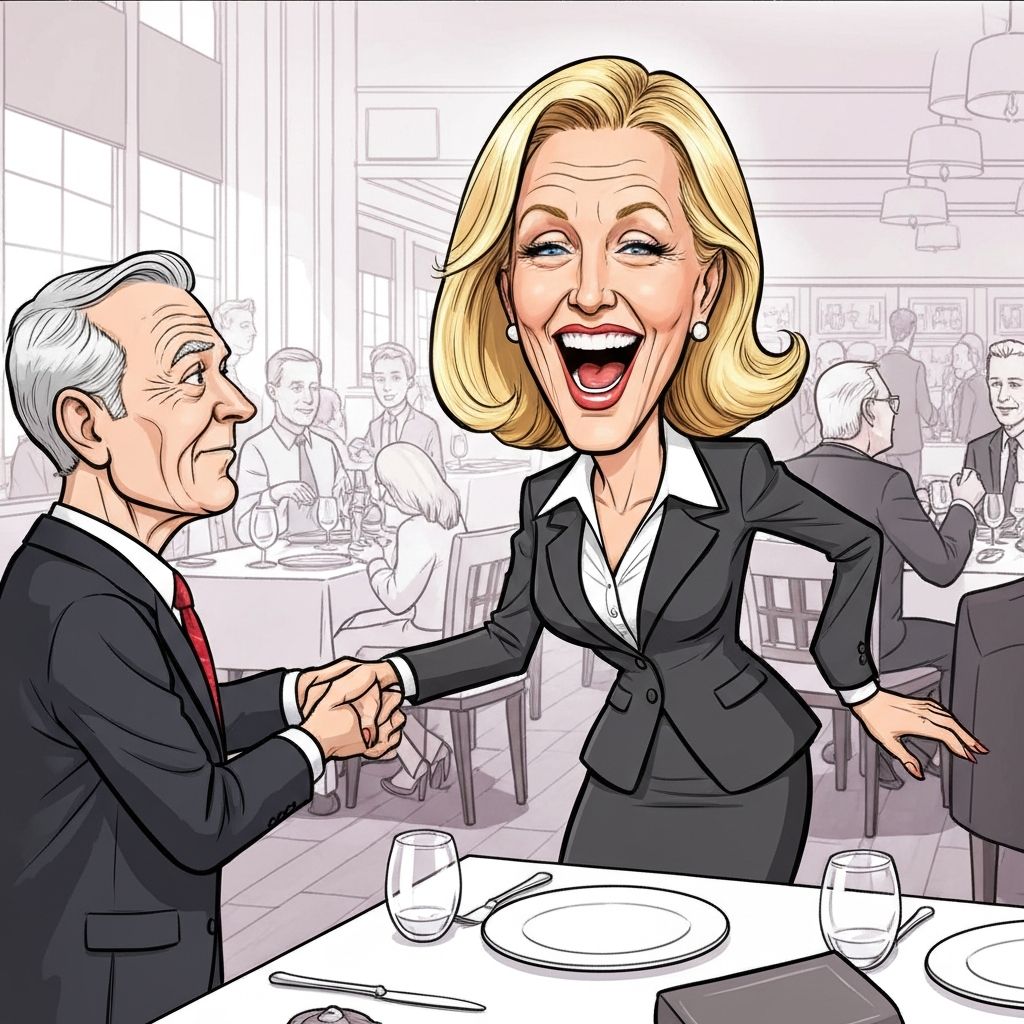 Susan at restaurant touching male client's arm while laughing